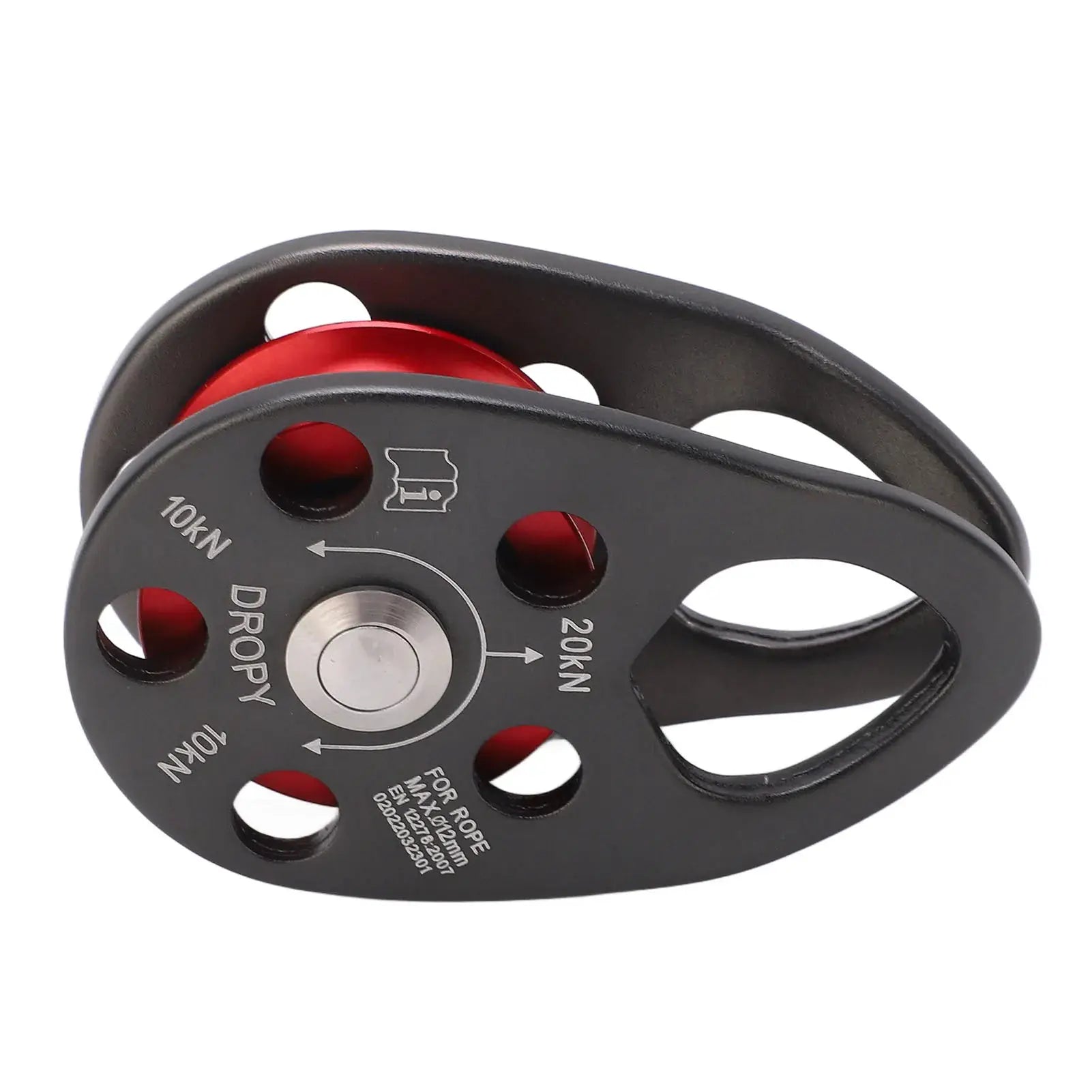 Simples Market portable climbing pulley, aluminum alloy, black body with red wheel, 20 kN load rating