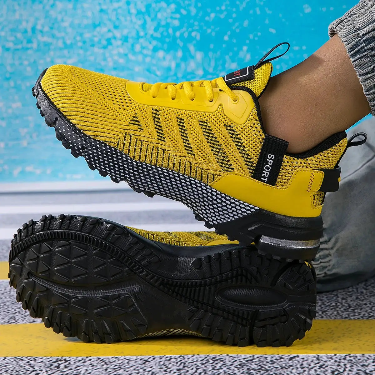 Men running shoes yellow breathable knit upper, lace-up sport sneakers with rugged black outsole