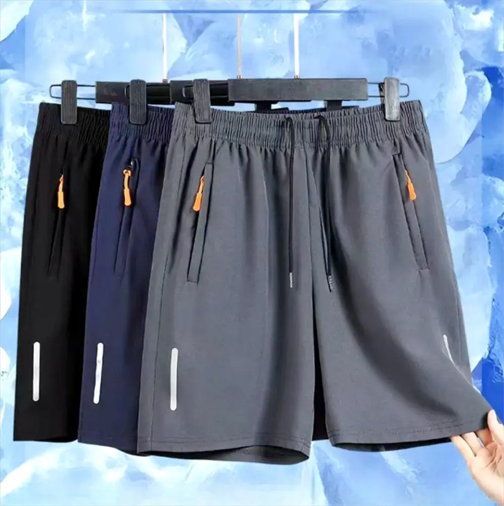 Men's ultra-thin ice silk quick-dry shorts by Simples Market in black/navy/gray with orange zipper pulls (3-pack)