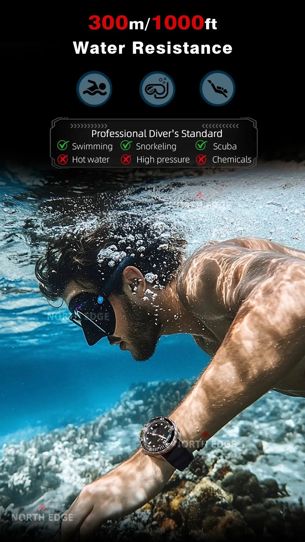 North Edge Triton-TI diving watch on a male diver’s wrist; titanium stainless, black dial, 300m water resistant