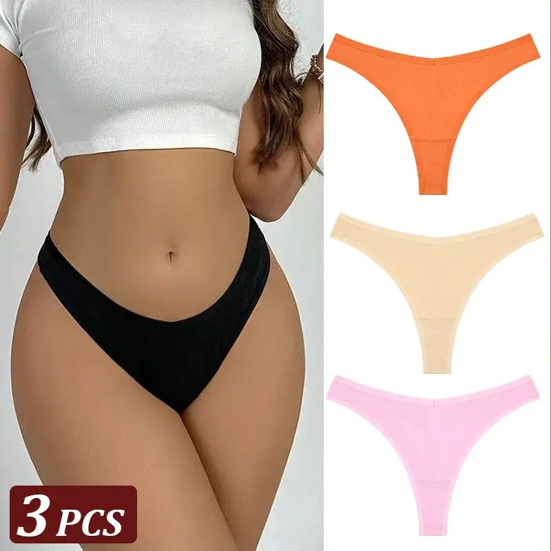 3Pcs seamless thong set by Simples Market in cotton; low-waist, T-back underwear in assorted colors