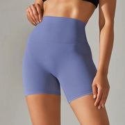 Women’s high-waisted lavender athletic shorts for yoga and gym workouts.