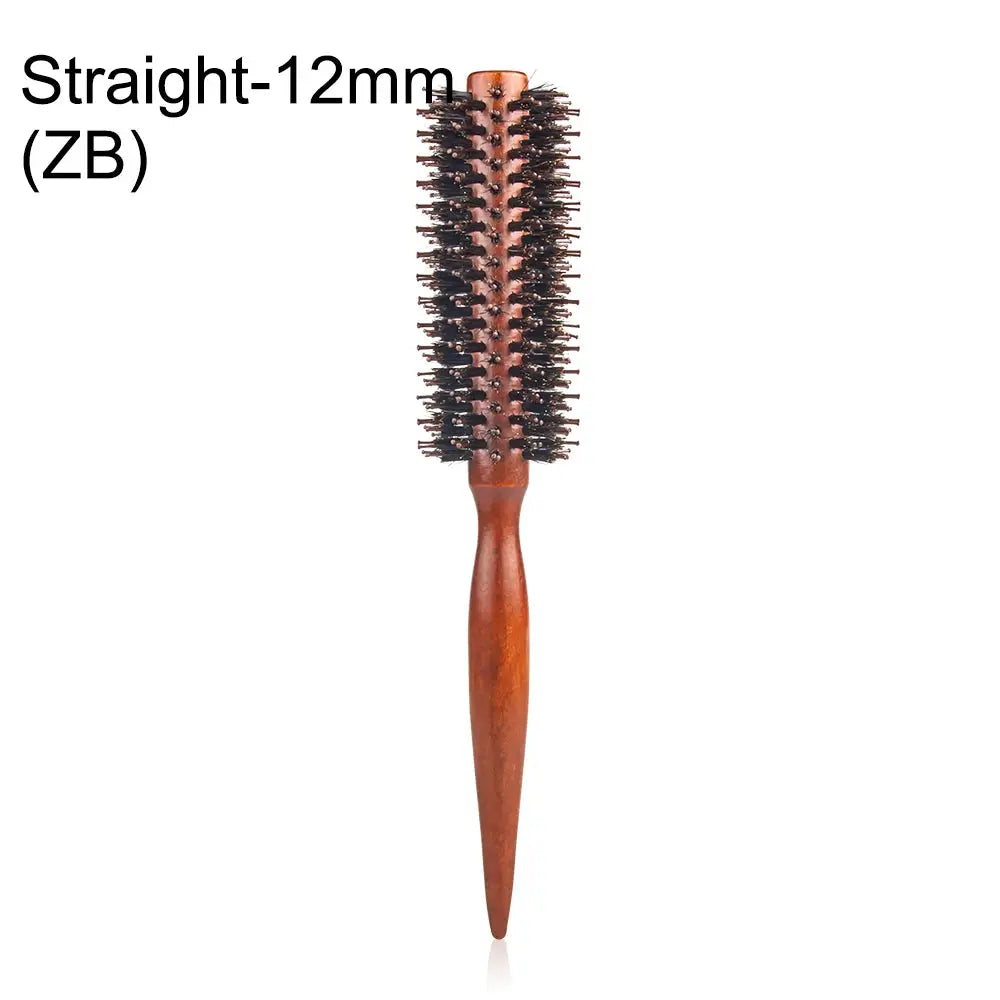 Brown wooden-handle round hairbrush with boar bristles for curling and styling