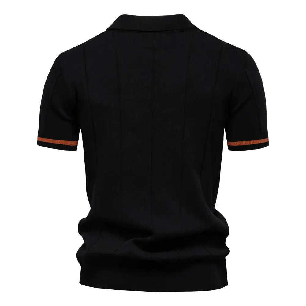 Polo shirt, men's black solid color with orange trim on sleeves, back view, slim fit