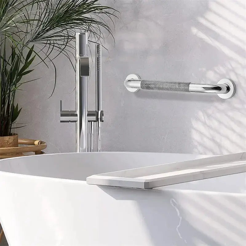 Stainless steel bathroom grab bar and shower rail system (2-piece set) wall-mounted near tub with anti-slip grip.