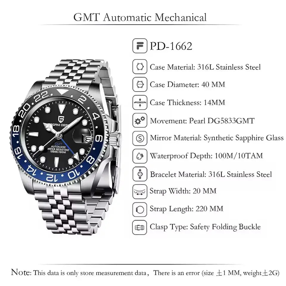 PAGANI DESIGN PD-1662 GMT automatic stainless steel wristwatch, 40mm, black dial with blue bezel.
