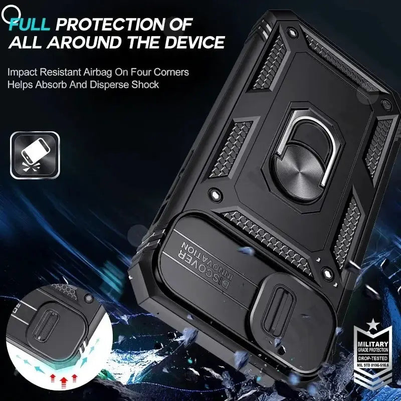 Rugged black iPhone case with 360-degree kickstand and corner protection