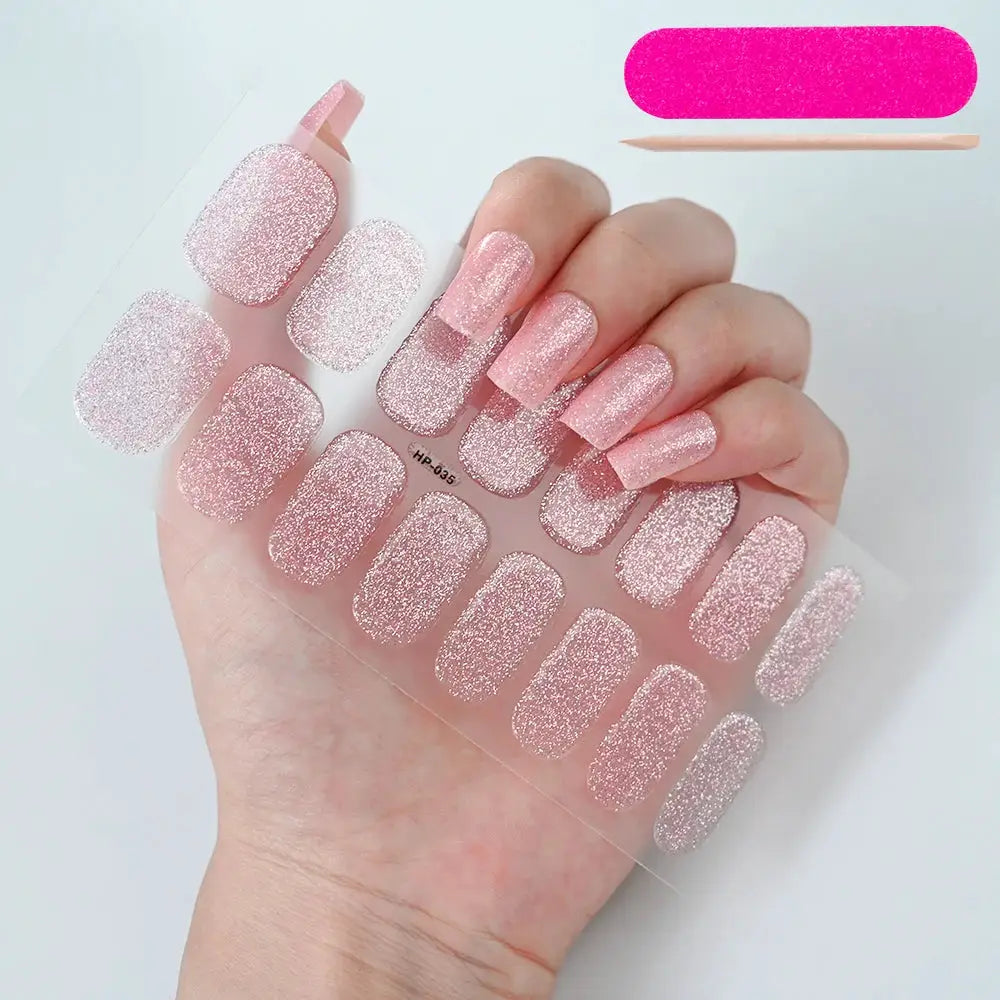 Semi-cured gel nail wraps by Simples Market; pink glitter full-cover decals for UV-cured manicure