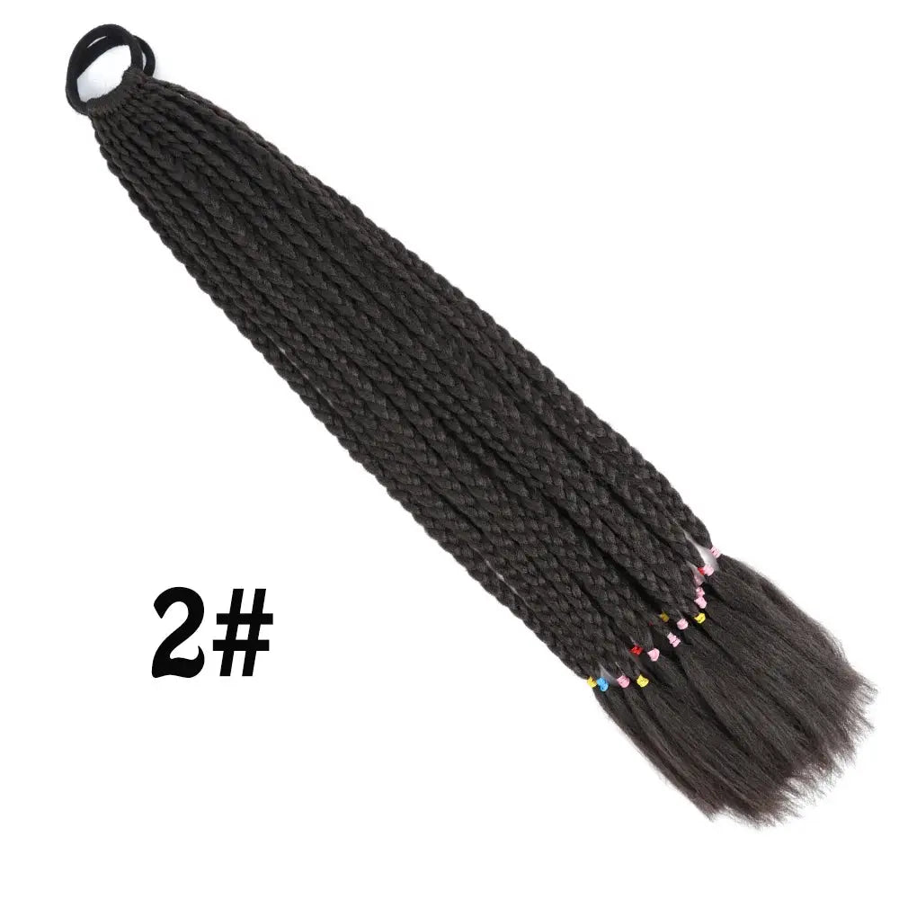 Simples Market synthetic braided ponytail extension, 24in, black with rainbow bead-tipped ends and elastic band