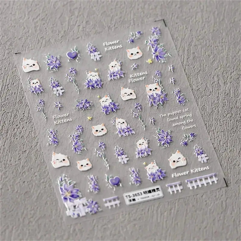 5D jelly nail art stickers sheet with purple flowers and white kitten decals, self-adhesive