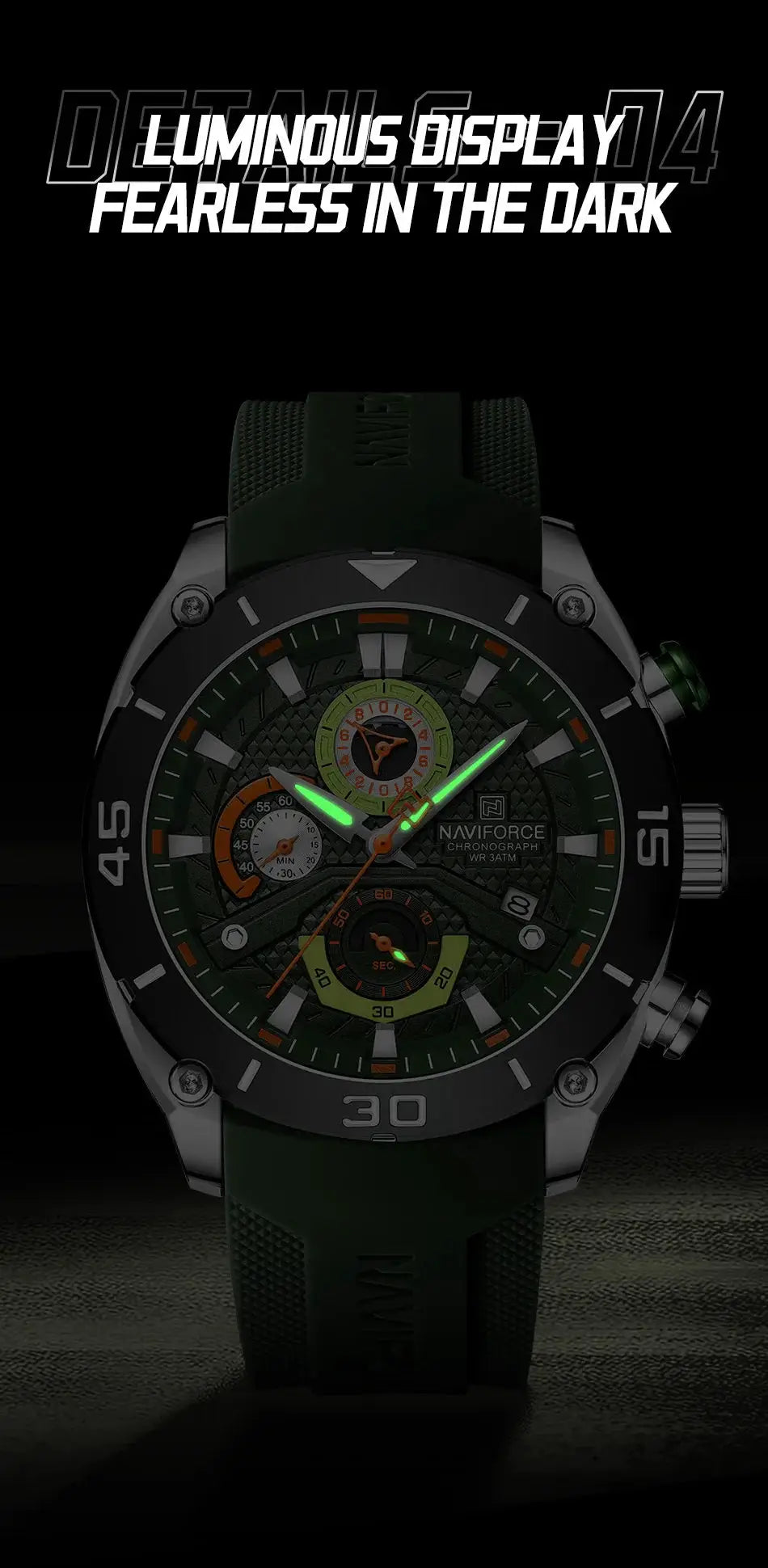 Naviforce men's sport chronograph watch with luminous green hands and green strap