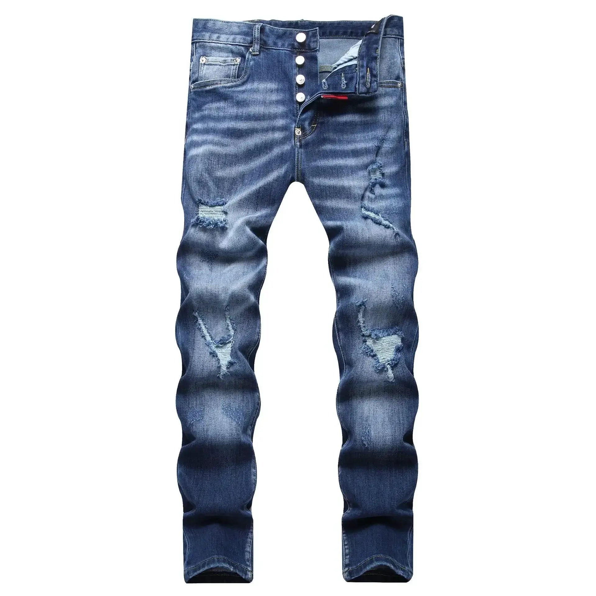 Men's ripped jeans, light blue denim with distressed holes, slim stretch fit