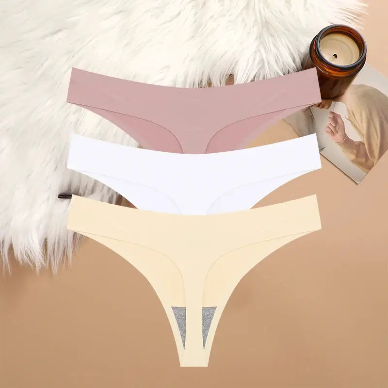 3-piece G-string underwear set in pink, white and beige; seamless low-waist T-back lingerie, S-XL