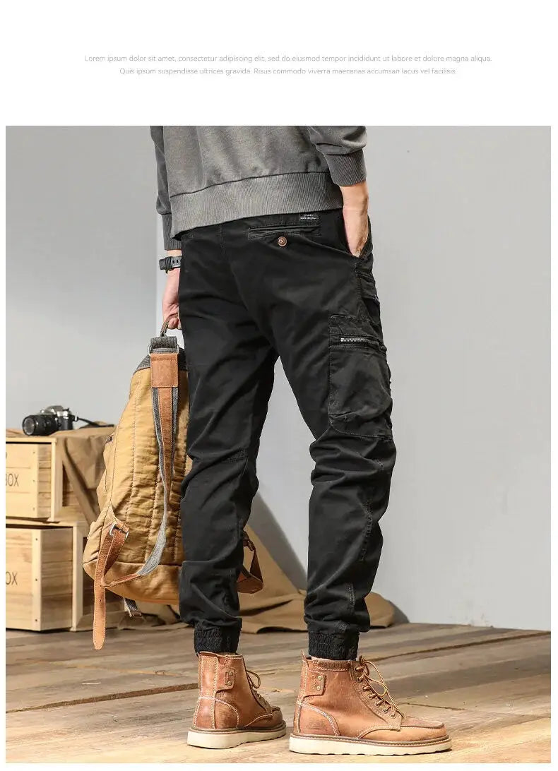 Men's cargo joggers in black with multiple pockets and tapered cuffs
