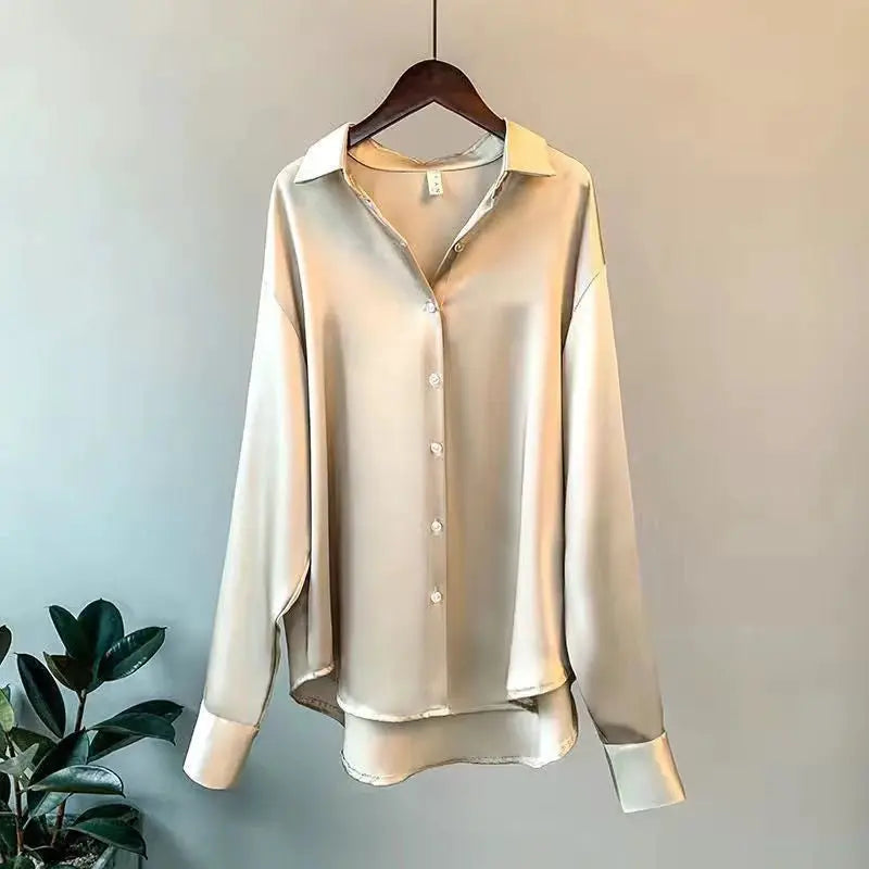 Aurora Couture Satin Blouse For Women All Season Comfort Button Front For Office And Casual Wear