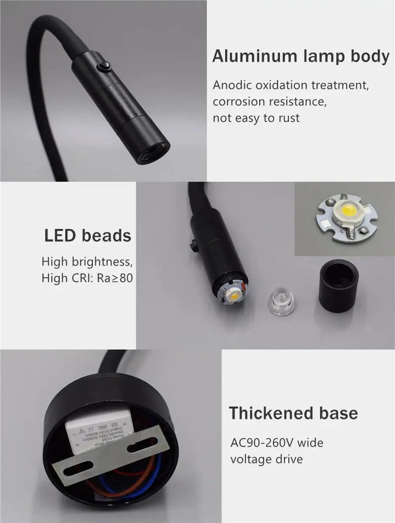 LED Flexible Hose Wall Lamp by Simples Market, black aluminum body with gooseneck, LED beads, and switch