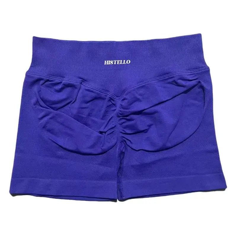 HISTELLO purple low-waist seamless scrunch shorts with breathable stretch fabric for fitness, gym and yoga