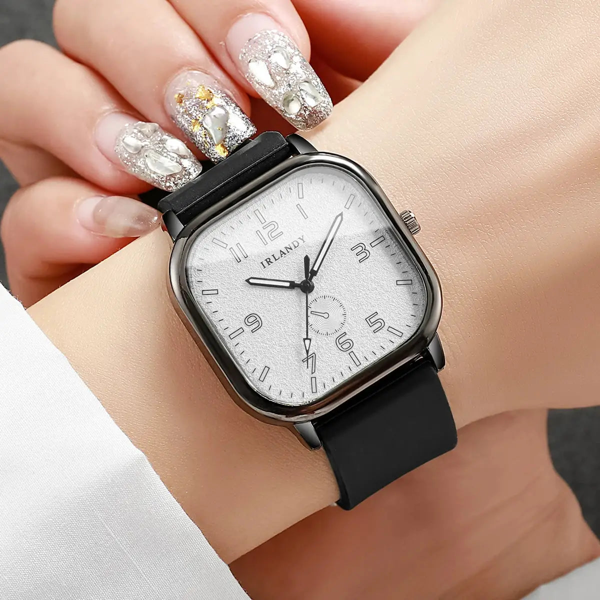 Square watch with black silicone strap and silver dial by IRLANDY