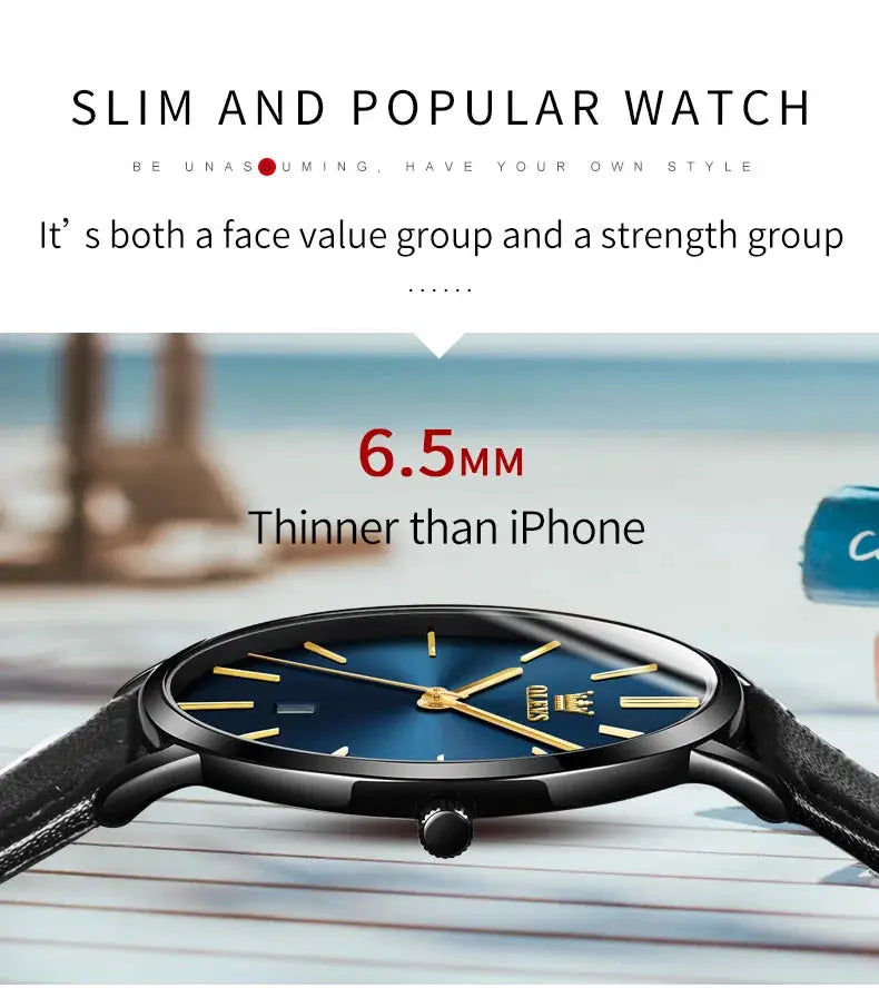 OLEVS 5869 ultrathin men's quartz watch with blue dial and black leather strap by Simples Market
