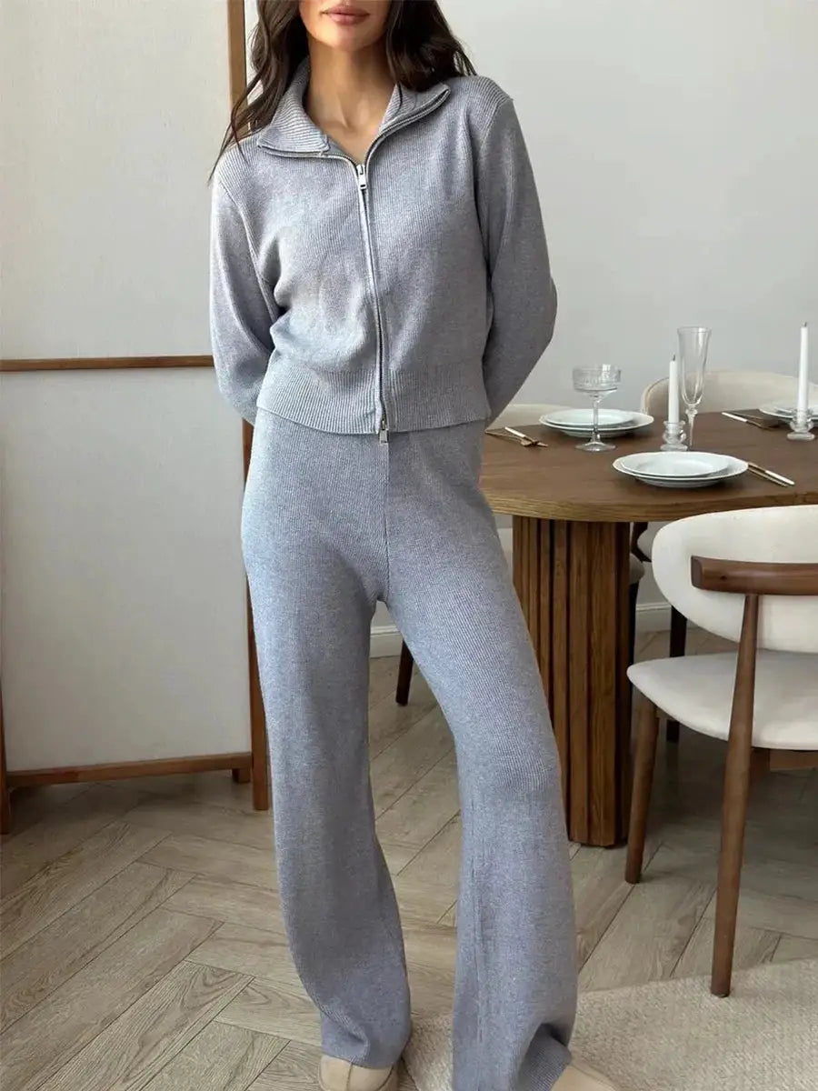 Bornladies Knit Zip Up Cropped Cardigan With Wide Leg Pants Set Women
