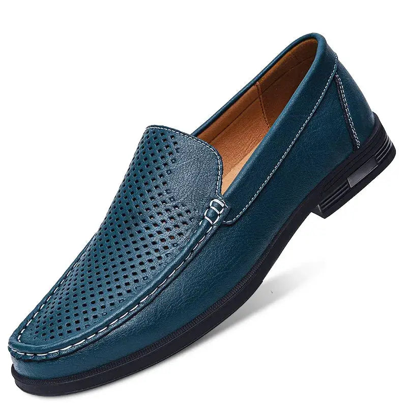 Leather men's slip-on loafers Simples Market, blue perforated upper with contrast stitching