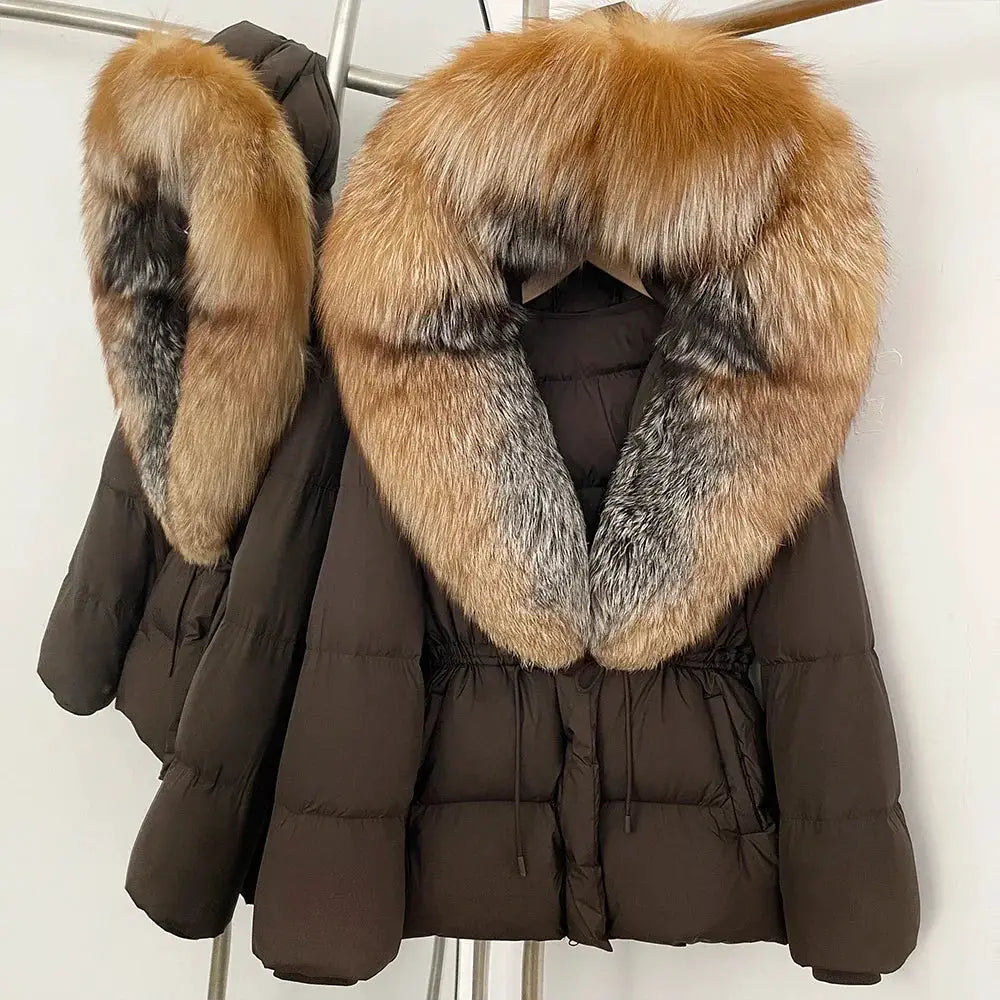 Womens Real Fox Fur Collar Duck Down Coat With Raccoon Fur Trim Hooded Puffer Jacket