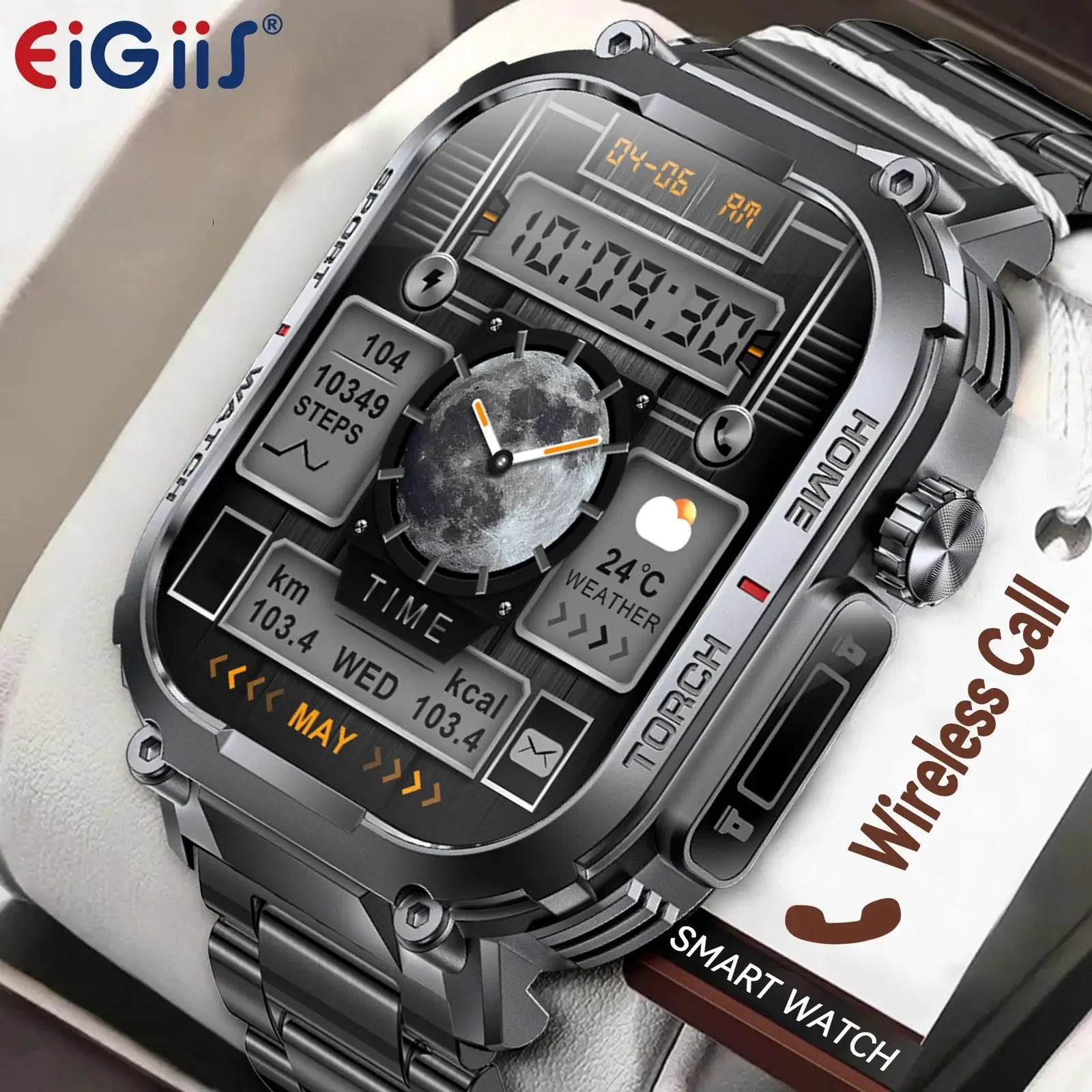 EiGiis men's smart watch with black metal band, 3ATM waterproof, compass and LED flashlight, fitness tracking