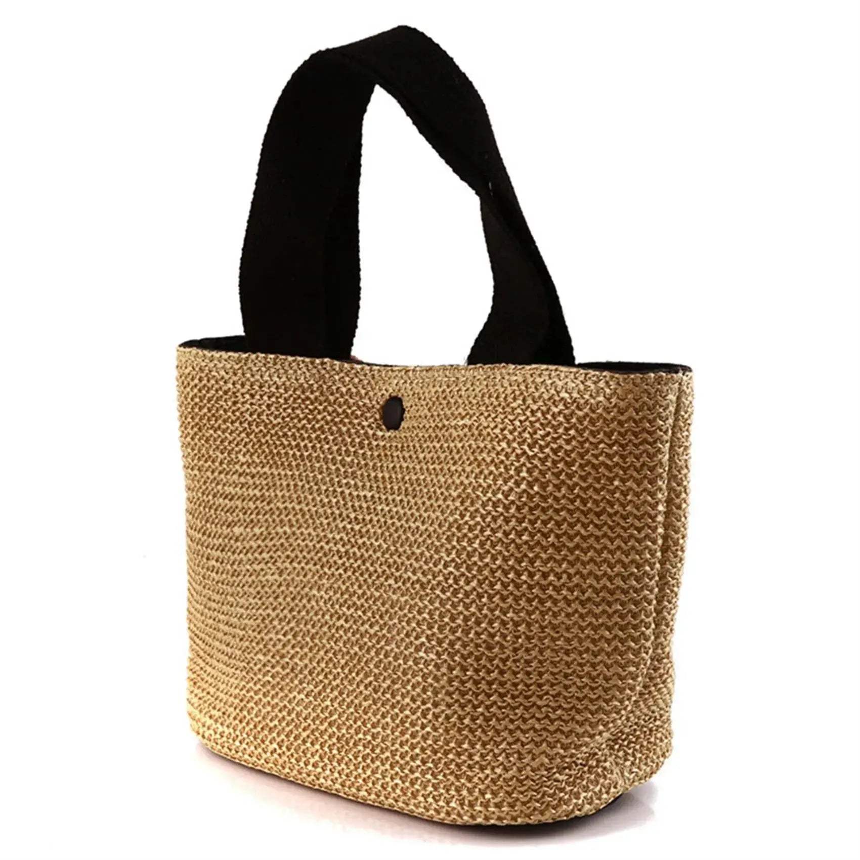 Elegant straw-woven handbag with black top-handle straps for beach and casual use
