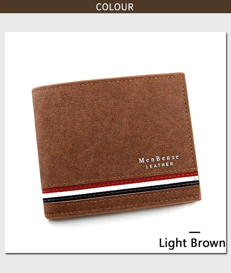MenBense Leather light brown wallet with red, white, and blue stripe detail