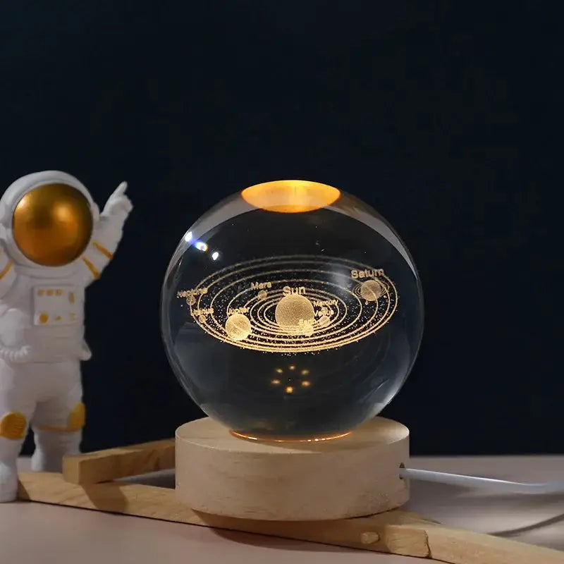 USB LED night light Galaxy crystal ball lamp on a wooden base, 3D planet moon decor