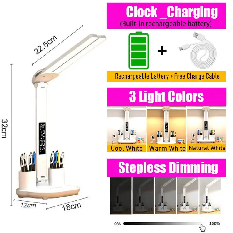 Simples Market LED Clock Table Lamp, 2-head foldable desk light with USB rechargeable battery, 3 light colors