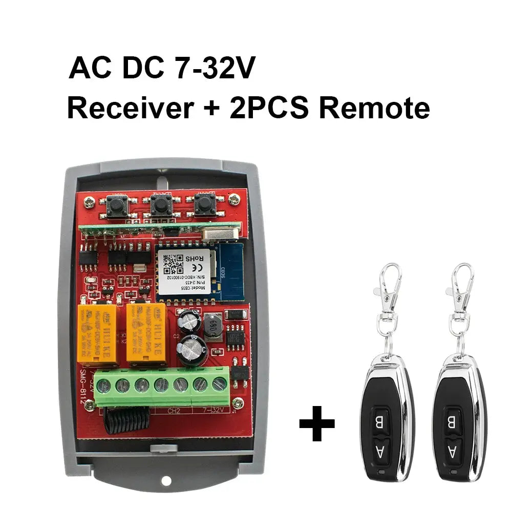 Smart wifi door switch 2-channel receiver with two remotes, red PCB inside gray housing