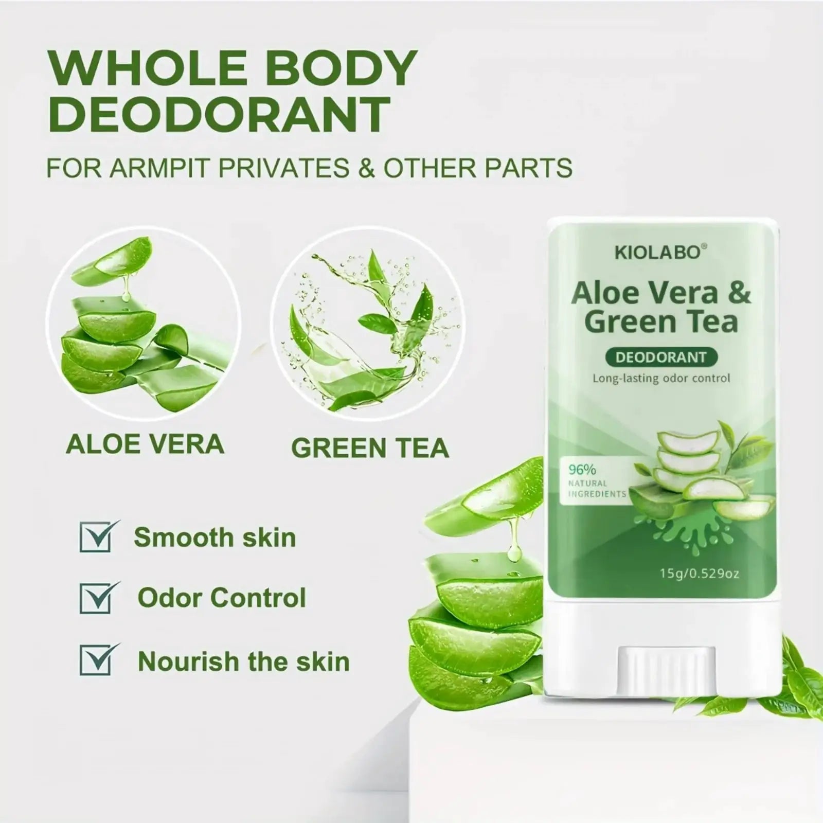 Kiolabo Aloe Vera & Green Tea Deodorant packaging with aloe leaves and green tea imagery