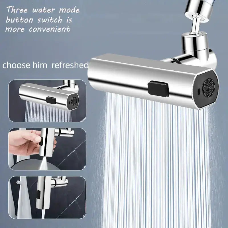 Kitchen faucet with waterfall spray, three-mode switch, universal swivel extension, chrome finish