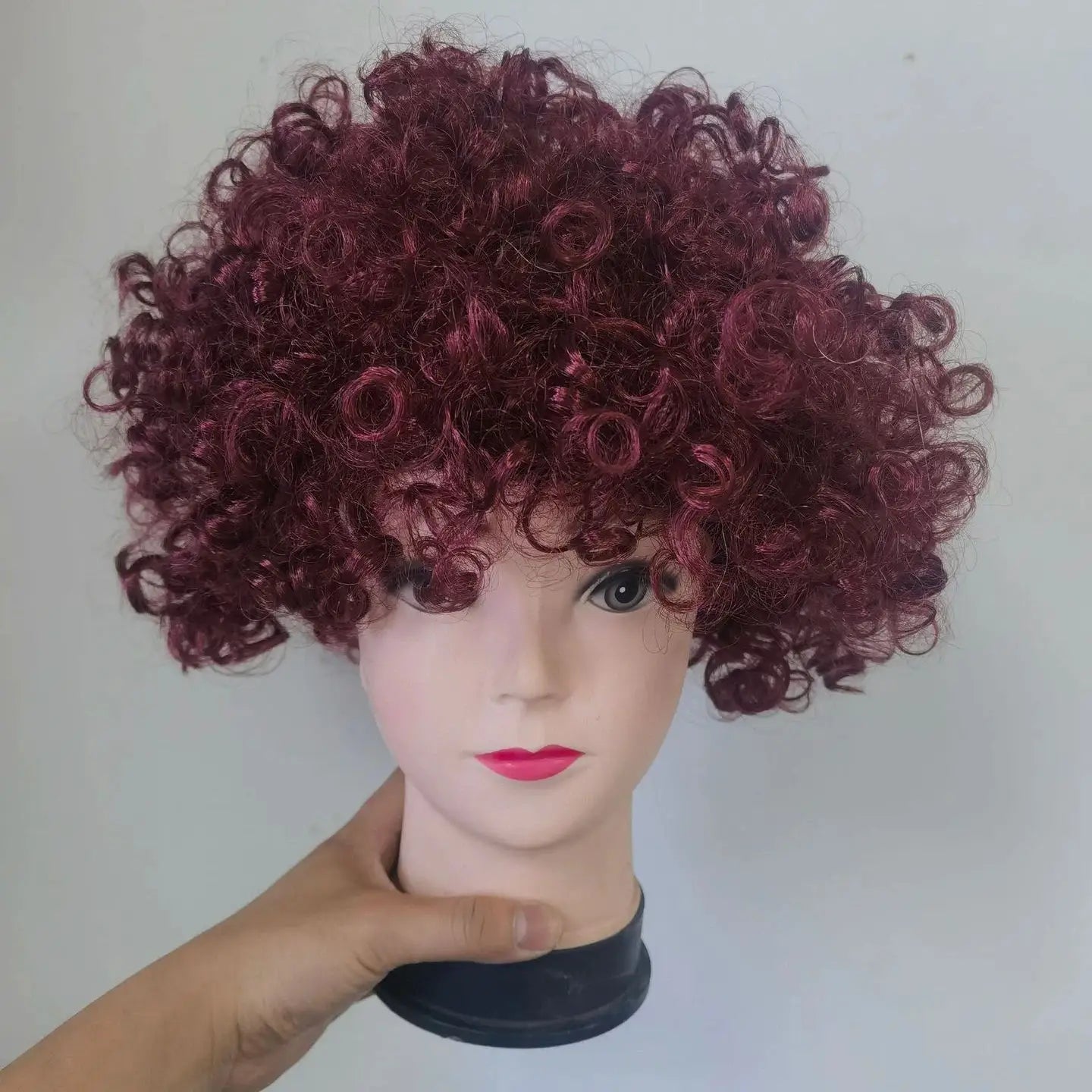 Women curly cosplay wig, short burgundy synthetic hair with tight curls