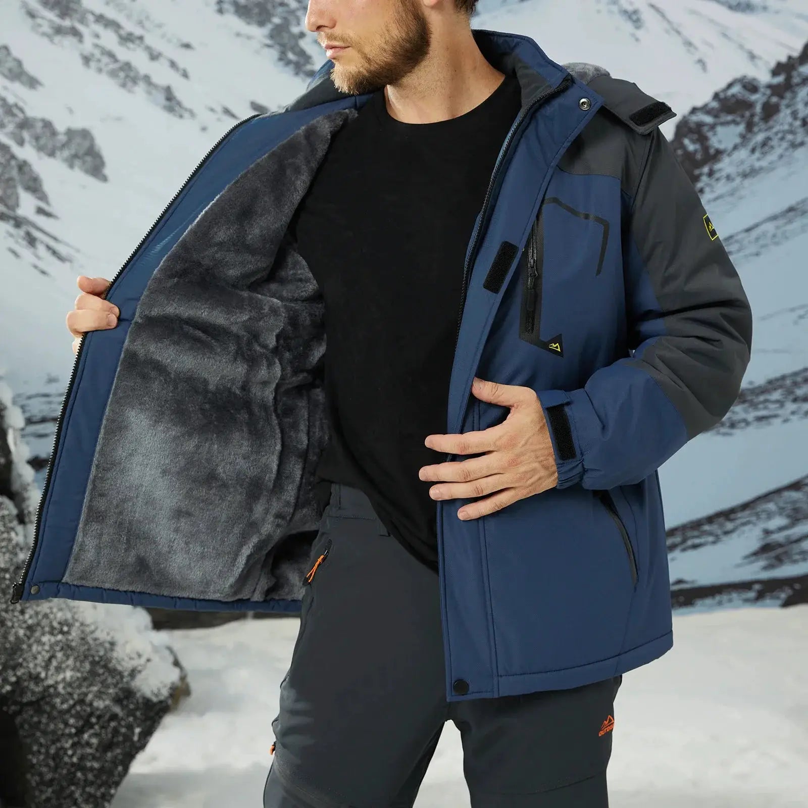 KEFITEVD men's blue and gray winter ski jacket with thick fleece lining, waterproof outerwear by Simples Market