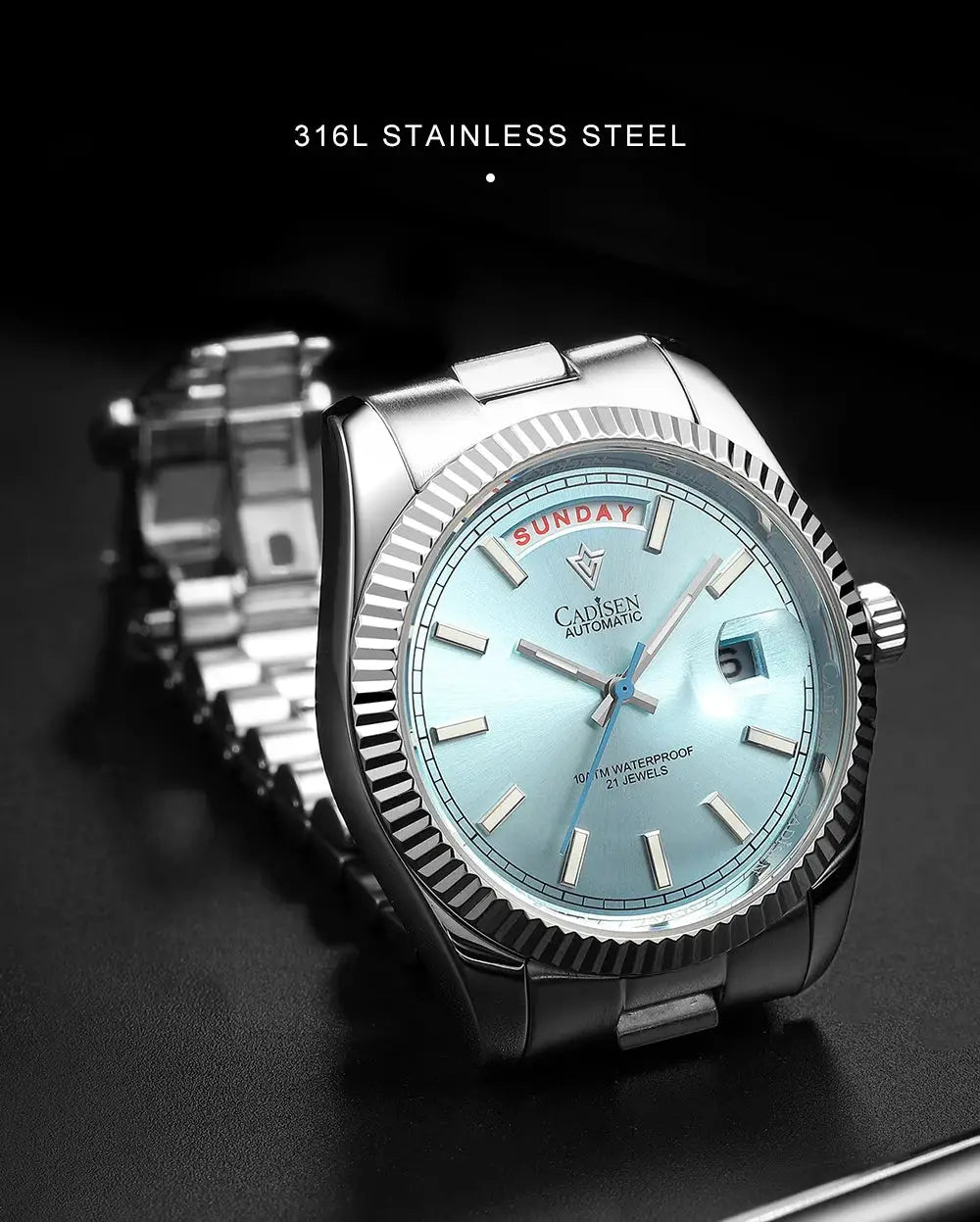 Cadisen DD40 men's automatic watch with stainless steel case and bracelet, light blue dial, day-date window.