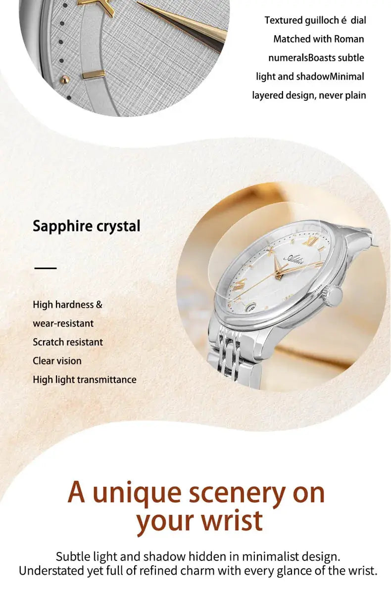 Addies GM12 luxury women's wristwatch with sapphire crystal, 316L stainless steel, 31mm case, 5Bar water resistant