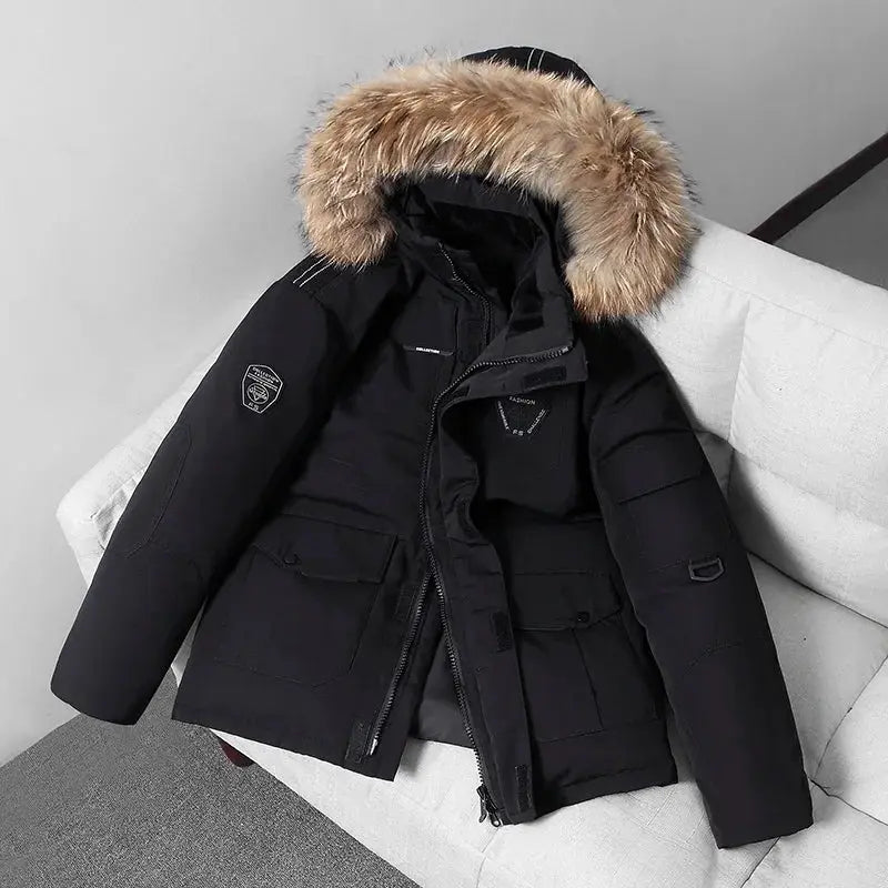 Men's black thermal down jacket with fur-trimmed hood and multiple pockets