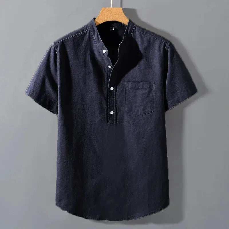 Mens Short Sleeve T Shirt Solid Color Stand Up Collar Breathable Cotton Top With Pocket For Summer Trendy