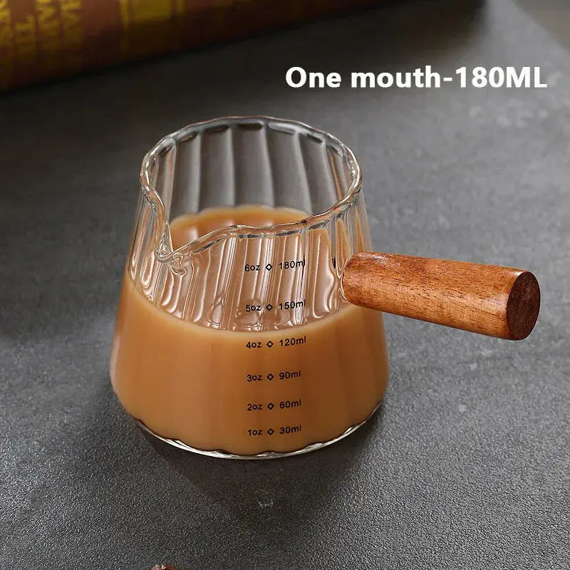 Wooden Handle Measuring Cup With Single And Double Spouts Italian Glass 90ml 120ml 180ml Coffee Milk Cup