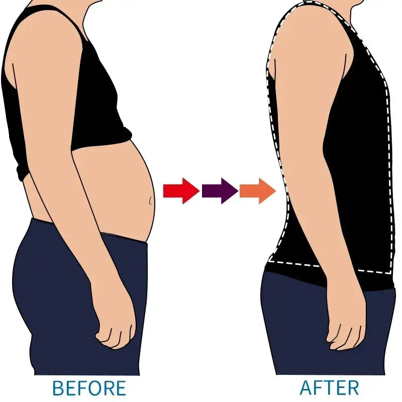 Mens slimming body shaper vest by Simples Market; black sleeveless compression shirt for tummy control.