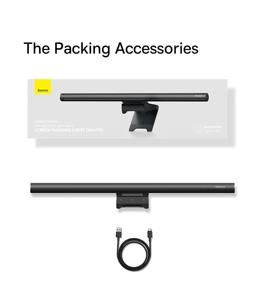 Baseus Screen Light desk lamp, black USB hanging light with mounting bracket and included USB cable.