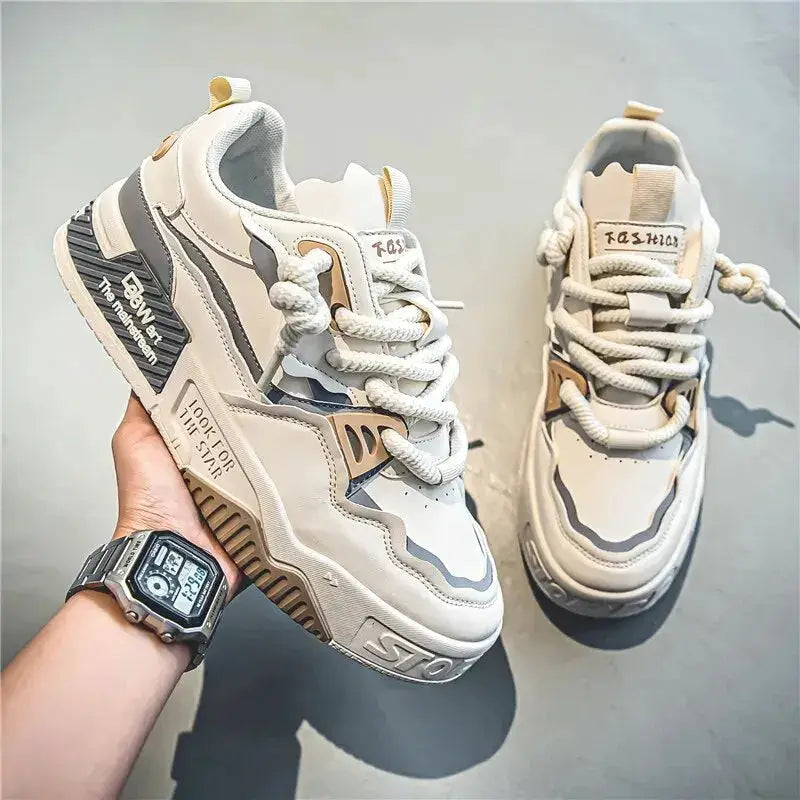 Pair of men's trendy beige lace-up skate shoes by Simples Market with a chunky non-slip sole