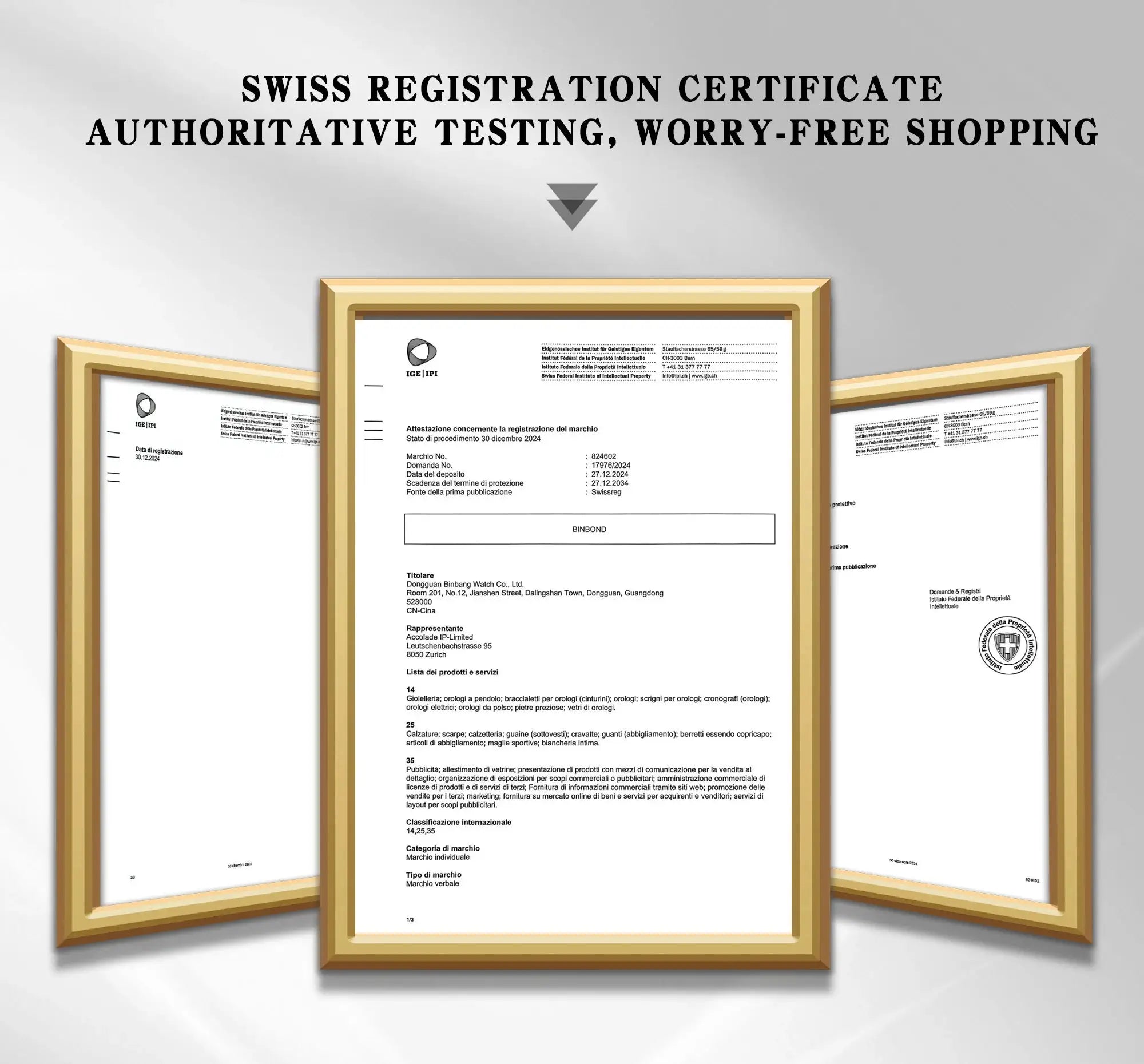 Three gold-framed Swiss registration certificates with seals
