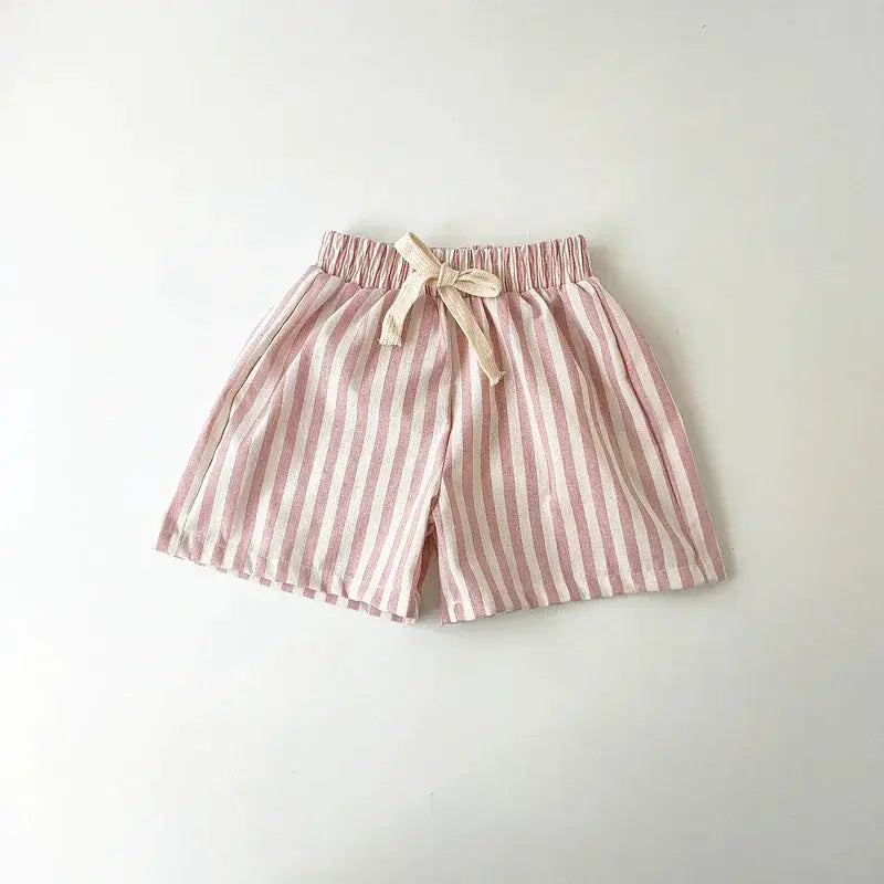 Spring Summer Kids Linen Cotton Striped Loose Pants Lace Up Vintage Casual Clothing For Boys And Girls