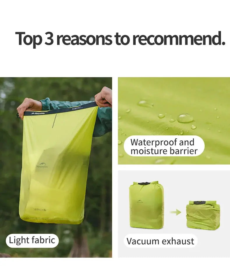 Naturehike rolled storage bag in lime green; lightweight, waterproof vacuum compression organizer.