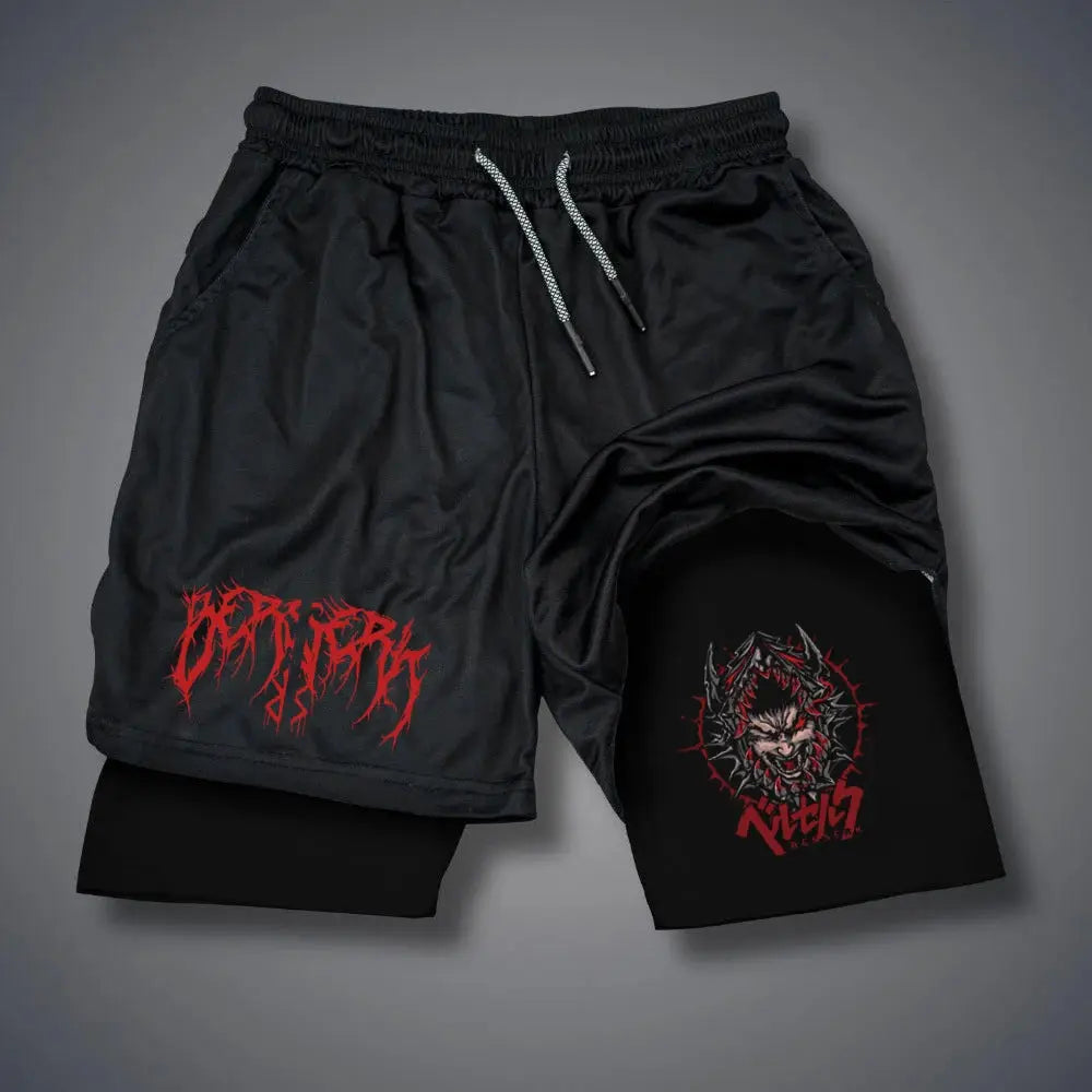 2-in-1 men's gym shorts with phone pocket, black with red graphic print on left leg and inner compression layer