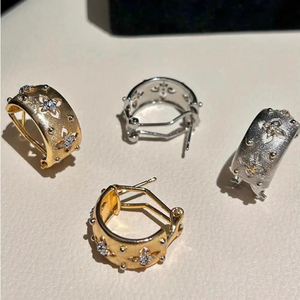 Simples Market flower hoop earrings set of four in gold and silver tones with zircon inlays