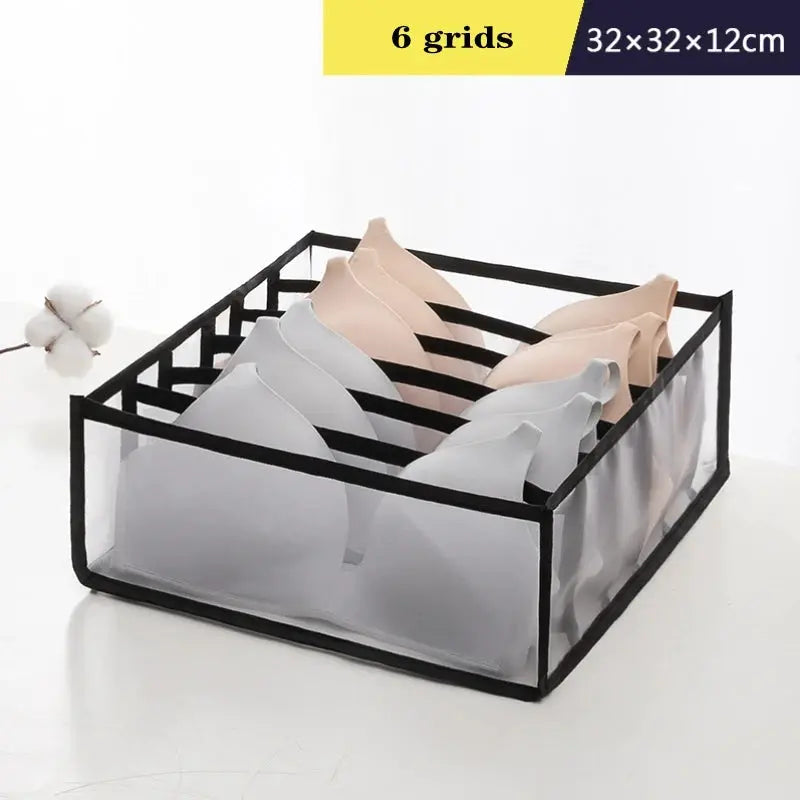 Six-grid underwear and bra organizer box, black frame with translucent sides, 32x32x12 cm